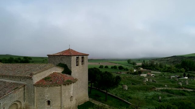 Aerial view of the Church of San Fructuoso in Valoria del Alcor, Palencia
