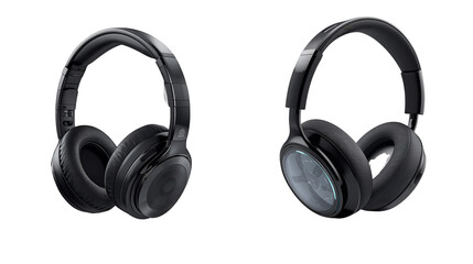 Two 3d black headphones isolated on transparent background