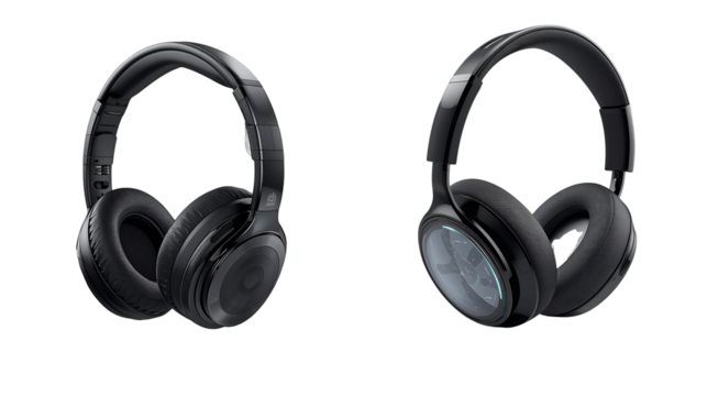 Two 3d black headphones isolated on transparent background