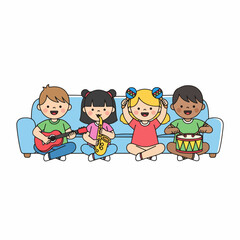 Cartoon Style Happy Children Playing Musical Instrument on Sofa Illustration