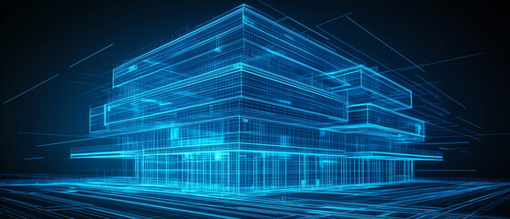 X-ray style architectural blueprint of a modern multi-level building