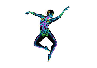 Neon Skeleton Dancer in Motion on White Background