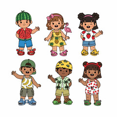 Cheerful Colorful Handdrawn Diverse Kids Wearing Summer Outfits Illustration Set