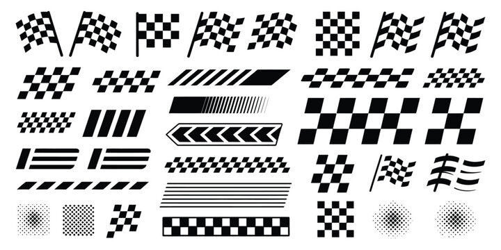Racing Stripe Banners and Checkered Pattern Vector Set &ndash; Speed Lines, Flags, and Design Elements for Motorsports, Car Racing, Track Finishing Graphics, and High-Speed Visual Projects