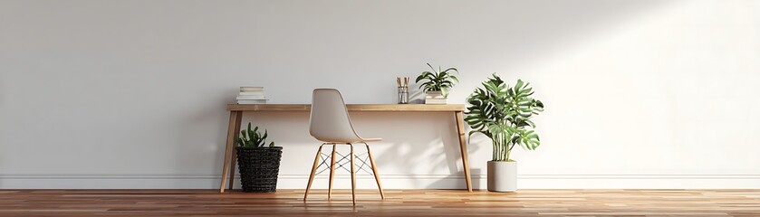 A bright, modern workspace, featuring a light wooden desk, a beige chair, and lush green plants, bathed in natural light against a clean white wall.