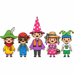 Cartoon Style Diverse Children in Festive Costume Cute Illustration