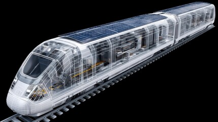 Cutaway 3D model of a solar-powered high-speed train with regenerative braking, AI route optimization, magnetic levitation, and batteries.