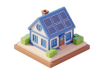 Isometric House with Solar Panels Cartoon Style on Transparent Background 3D Render