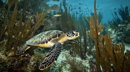 Obraz premium A sea turtle gliding peacefully through the underwater coral reef.