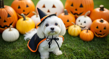 Fototapeta premium An adorable white dog in a witch hat and cape sits in a festive pumpkin patch a perfect cute and magical image for a pet's fun Halloween photoshoot outdoors