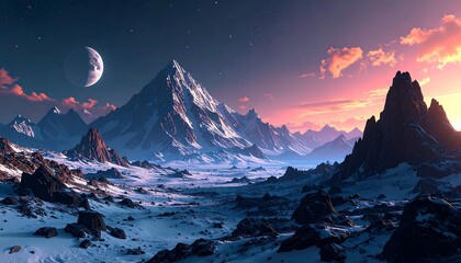 Epic sci-fi landscape of a frozen mountain range under a dramatic twilight sky