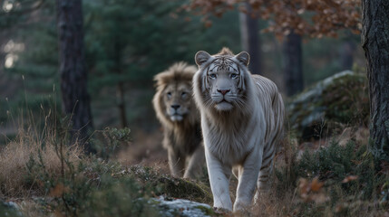 A white tiger stainding in the autumn forest and the lion is behind.