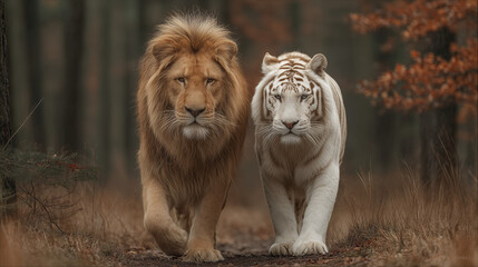 Close up a snow tiger standing beside the lion in the forest autumn.