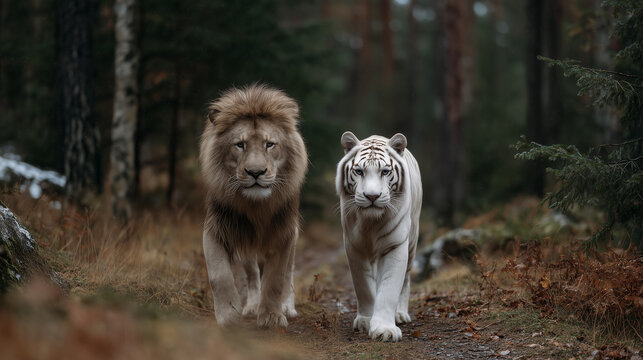 A snow tiger walking beside the lion in the forest autumn. - Powered by Adobe