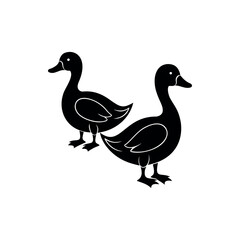 Two Black Silhouette Ducks Standing in a Minimalist Flat Vector Design