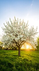 Blossoming tree at sunset