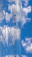 A modern glass skyscraper facade reflects a vibrant blue sky filled with fluffy white clouds.