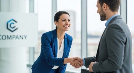 A businesswoman shaking hands with a businessman in an office setting.