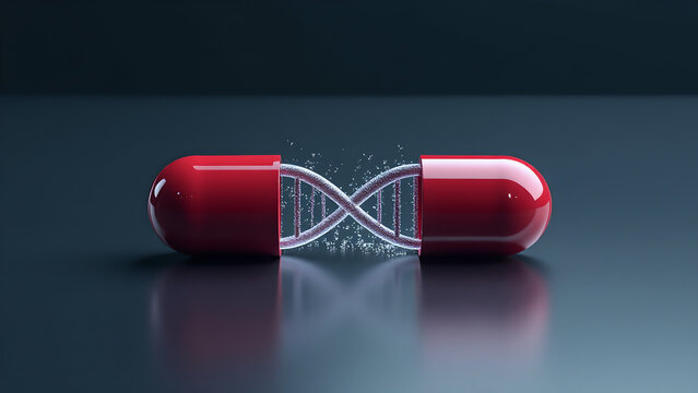 Medical Illustration of Split Red Capsule with Transparent Interior Releasing DNA Strands, 3D Scientific Rendering of Molecular Structures, Pharmaceutical Concept of Genetics and Biotechnology - Powered by Adobe