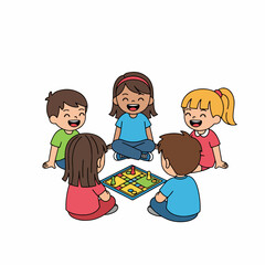 Cute Cartoon Illustration of Children Playing Board Game Together Indoors