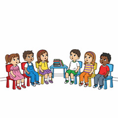 Colorful Cartoon Illustration Children Sitting Circle Classroom Education Scene