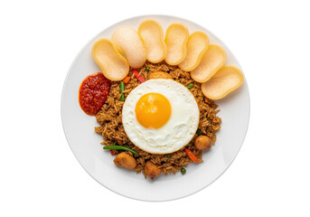 Overhead Shot of Nasi Goreng with Sunny Side Up Egg on White Plate