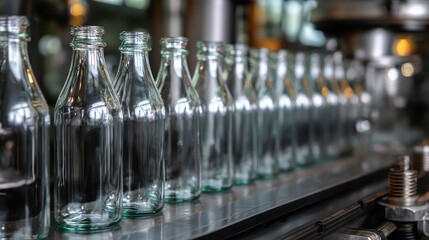 A row of glass bottles on a conveyor belt