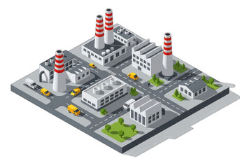 Obraz premium Isometric Industrial Landscape with Factories and Yellow Cars on Transparent BG