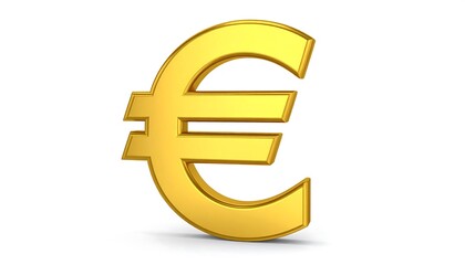 A gleaming gold euro symbol stands out against a plain white background.