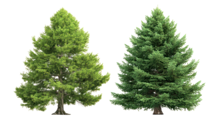 Cedar tree and spruce tree together with conical shape on transparent background