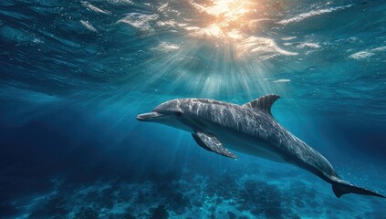Fototapeta premium Dolphin swimming underwater, sunbeams (2)