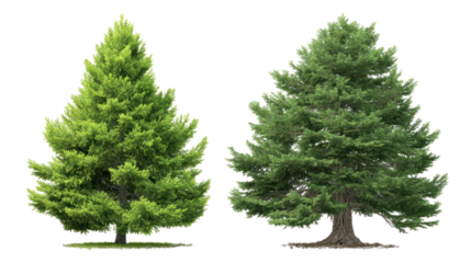 Cedar tree and spruce tree together with conical shape on transparent background