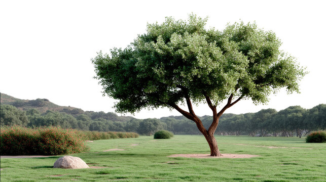 A Solitary Tree's Verdant Embrace: A lone tree stands majestically in a verdant landscape, with green grass field under the bright sky. - Powered by Adobe