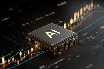 AI chip on circuit board with financial data