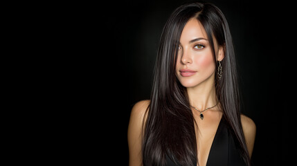 Naklejka premium Elegant woman with long straight black hair wearing black dress and jewelry, posing confidently against dark background with glamorous makeup and sophisticated expression