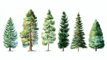 Obraz premium A collection of six watercolor painted trees in various shades of green, showcasing different types of coniferous trees
