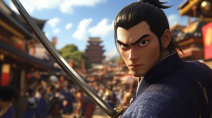 Man with sword in front of crowd. Realistic self-illustration of samurai in video. Traditional animation of a sword warrior in traditional attire at the festival. A man wielding lifestyle a sword.