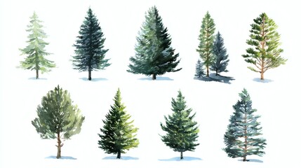 A collection of various watercolor-style trees, showcasing different shapes and colors, set against a light background