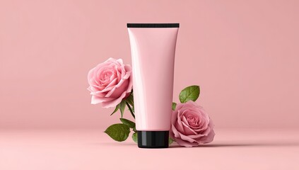 Pink cosmetic tube with two pink roses on a pale pink background; sleek, elegant design