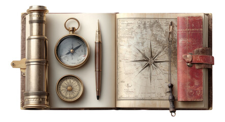 Vintage Compass and Leather-Bound Book on Antique Map