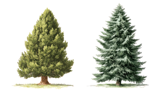 Cedar tree and spruce tree together with conical shape on transparent background