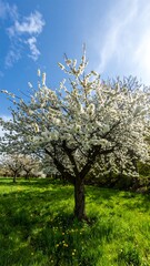 Fototapeta premium Blossoming tree in spring meadow