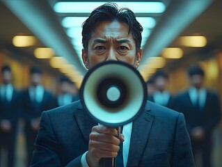Determined executive using megaphone to rally team for financial strategy meeting