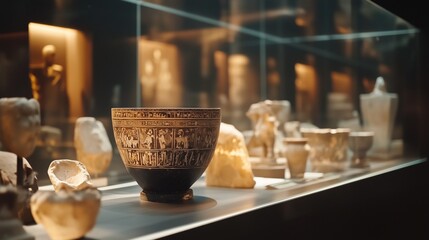 Ancient artifacts on display in a museum. Video of a museum showing realistic artifacts and historical archaeology in the netherlands. Archaeological heritage exhibits in lifestyle the shallow field.