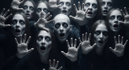 A terrifying horde of ghostly faces presses against a surface a perfect creepy and intense image for a horror movie or a spooky Halloween nightmare theme