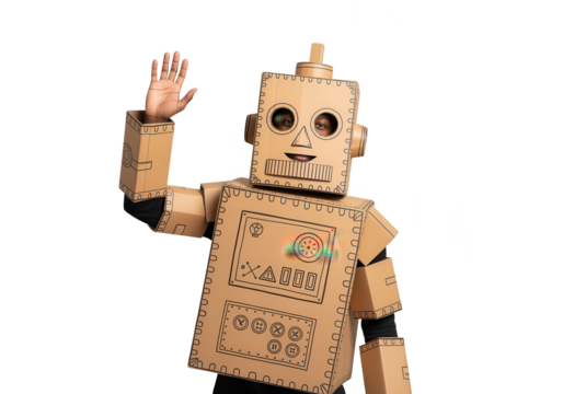 Friendly Cardboard Robot Waving Hello on White Background