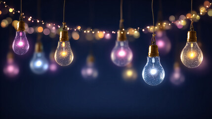 Hanging string lights with glowing colorful bulbs and festive bokeh background for holiday party celebration and decorative illumination