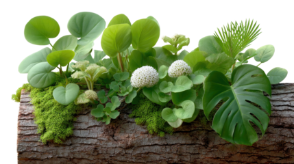 Greenery Arrangement on Wooden Log: A harmonious arrangement of vibrant, lush green plants, artfully displayed upon a textured wooden log, creating a beautiful contrast between organic forms.