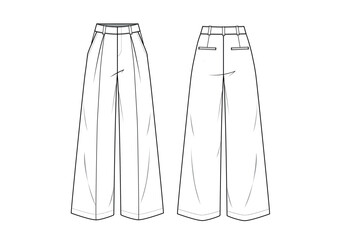 Women Tailored Pleated Wide Leg Pants , Front & Back View, CAD fashion flat sketch, Editable Flat Technical Drawings Illustration, Pants Mockup
