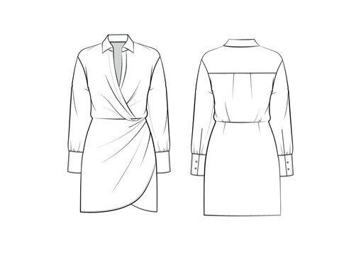 Women Tailored Wrap Front Drapery Shirt Shirt Dress, front & back view, fashion flat sketch, Editable Flat Technical Drawings Illustration, Dress Mockup
